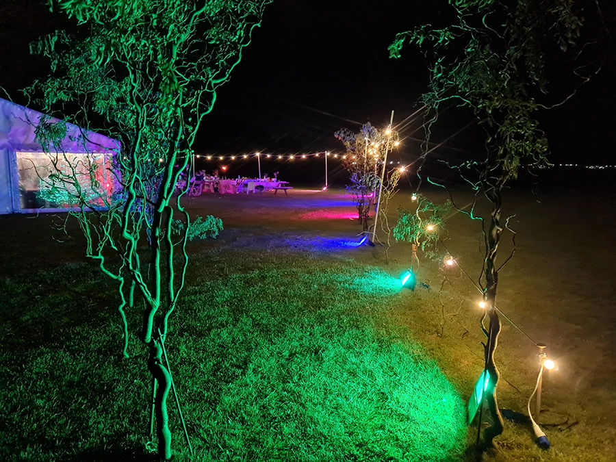 coloured lighting outside of a marquee